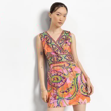 60'S 70'S MINI DRESS Vintage Shift Short Pink Orange Bright Summer Festival / Small Xs Extra Small 