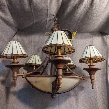 5 Arm 8 Light Chandelier with Stained Glass Shades