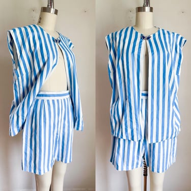 Vintage 1960s Blue Striped Top and Shorts set / XS 