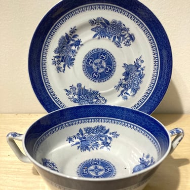 Spode Blue Fitzhugh Handled Soup Bowl and Saucer 