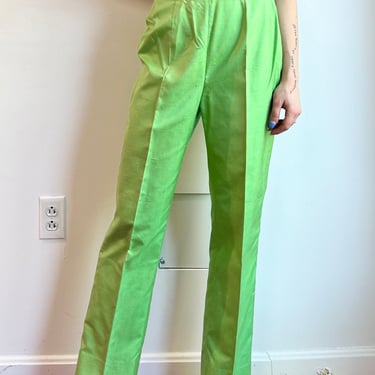 60’s Saks Fifth Ave Emilio Pucci Green Raw Silk Trouser Front Pleat High Rise Cigarette Pants