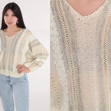 Open Weave Sweater 80s Cream Striped Knit Dolman Sleeve Pullover Sweater Slouchy V-Neck Cut Out Semi-Sheer Cutout Vintage 1980s Medium 