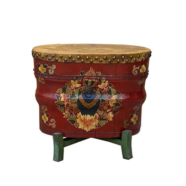 Chinese Tibetan Brick Red Floral Graphic Oval Drum on Stand cs7432E 