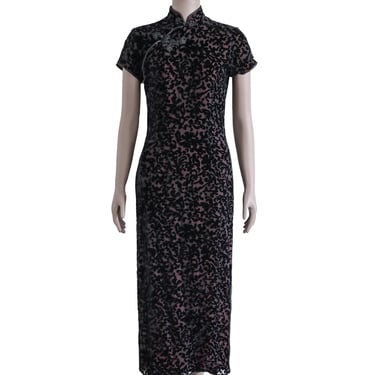 Vintage Silk Black Burgundy Velvet Floral Cheongsam Qipao Mock Neck Maxi Dress Formal Evening Party Cocktail Long Gown Short Sleeve Dress 