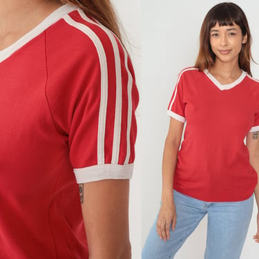 Red Ringer Tee 80s V Neck T-Shirt Raglan Sleeve White Striped TShirt Retro Basic Plain Athletic Shirt Single Stitch Vintage 1980s Small S 