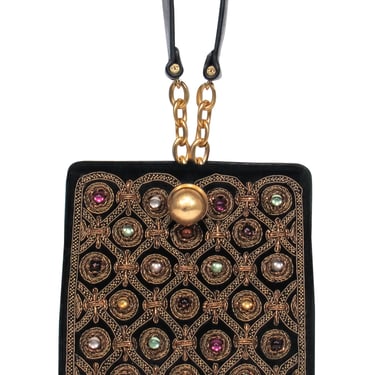 Tory Burch - Black Leather &amp; Velvet Mini “Darcy” Handbag w/ Gold Beading &amp; Multicolored Jewels