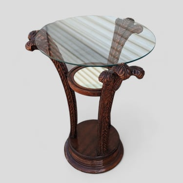 Antique Art Nouveau Carved Wood and Glass Side Table, Ornate Accent Piece for Elegant Decor 