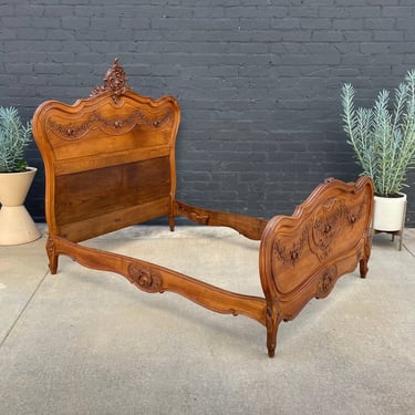 Antique French Provincial Carved Walnut Full-Size Bed Frame, c.1960’s 