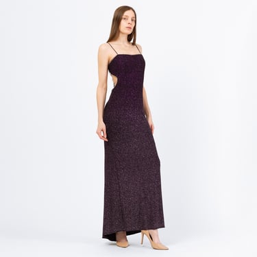 Vintage 90s Purple Sparkle Backless Maxi Dress - Medium | Slinky Rhinestone Trim Party Dress, Sexy Prom Evening Gown 