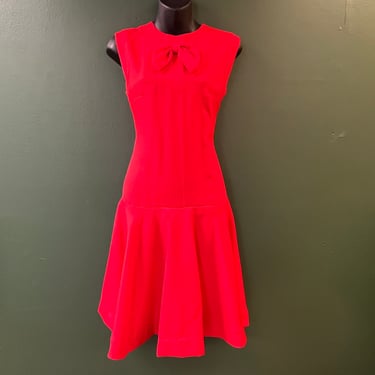 vintage mod dress 1960s red drop waist big bow frock small / medium 