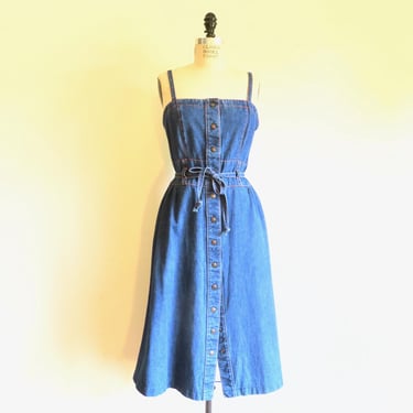 1980's Blue Denim Fit and Flare Sun Dress Spaghetti Straps Button Front Belted 80'S Spring Summer Dresses Jonin Blair 31