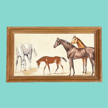 Vintage Horses Wall Hanging Retro 1970s Size 20X12 + Horses + 3D + Quilted Fabric Art+ Equestrian + Wood Frame + Farmhouse + Animal Wall Art 