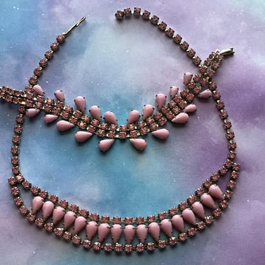 pink milk glass demi parure 1950s jeweled rhinestone choker + bracelet 