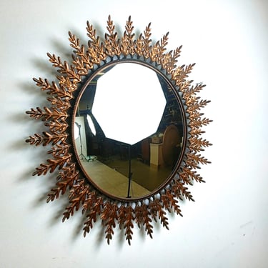 Large vintage gilt metal sunburst mirror 1960s - vintage convex mirror - mid century mirror - vintage butler mirror - golden mirror 