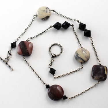 Mod 70's sterling rhodonite black crystal choker, edgy 925 silver bicones square & round discs necklace 