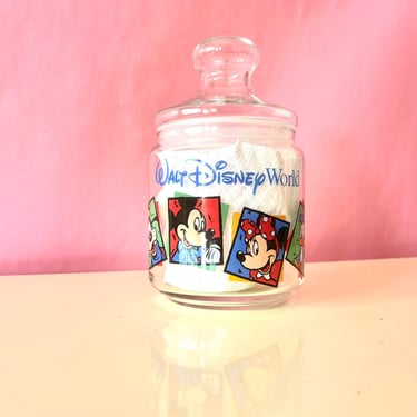 Retro 1990s Disney Glass Jar or Canister with Mickey + Minnie + Goofy + Donald Duck 