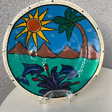 Vintage Mexican folk wall art plate pottery hand painted Dolphins theme size 10.5” 