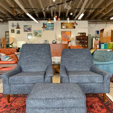 Pair of His & Her Mid Century Arm Chairs with Ottoman