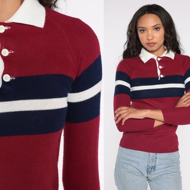 Striped Polo Sweater Burgundy Striped Sweater 80s Rugby Polo Pullover 1980s Vintage Retro Raglan Sleeve Nerd Preppy White Extra Small xs 