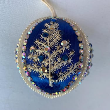 Vintage Satin Ball With Rhinestones, Christmas Ornament, MCM, Blue Silver, Handmade, Push Pin, Velvet 