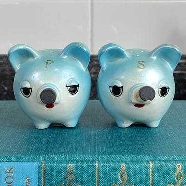 Vintage Kissing Pigs Salt & Pepper Shakers | Magnetic Kissing pastel blue Anthropomorphic Pigs | Hand Painted Ceramic Shakers | Tilso Style 