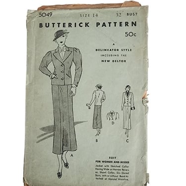 Vintage 30s Sewing Pattern ORIGINAL/  Jacket Skirt Suit Set Butterick 5049 Bust 32 