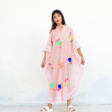 Vintage Hand Embroidered Huipil. Kaftan Dress. 