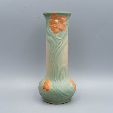 Weller Art Nouveau Matte Green and Salmon Floral Vase (marked) | Antique Early 20th Century American Art Pottery 