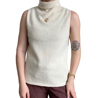 Vintage 90s 100% Wool Preppy White Sleeveless Turtleneck Sweater Vest Sz M 