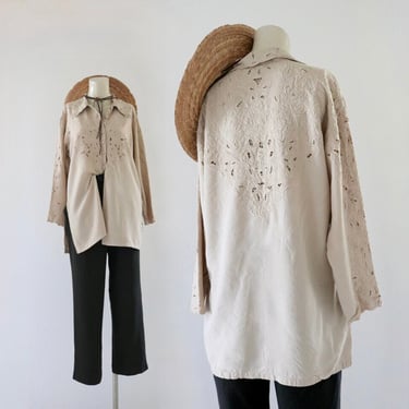 cutwork button top - s - vintage 90s y2k beige tan brown size small womens long sleeve floral blouse shirt 