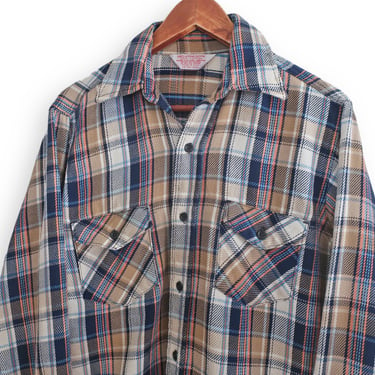 plaid flannel shirt / 70s flannel shirt / 1970s blue plaid thick cotton button up shirt Medium 