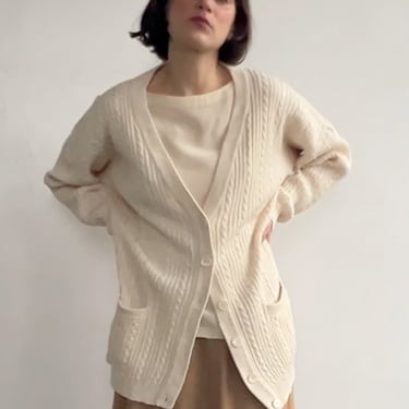 Cream Raw Silk Cableknit Cardigan