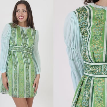 Vintage 60s Wildflower Dress, Green Striped Sheer Sleeve Frock, Garden Flower Print Cottagecore Style, Short Full Skirt Micro Mini 
