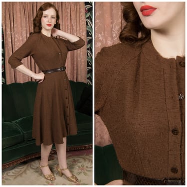 1960s Dress - Early 60s Cocoa Brown Acrylic Boucle Knit Button Front Day Dress with Snakeskin Buttons and Belt 