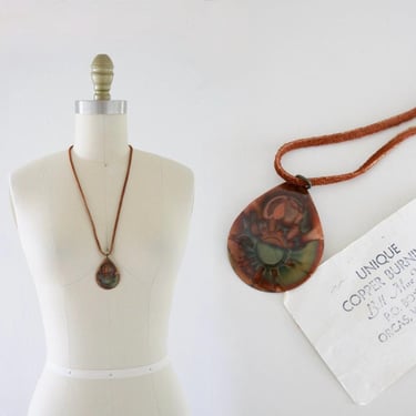 burned copper sun necklace - deadstock vintage unisex mens womens handmade Artist signed leather strap hand crafted 