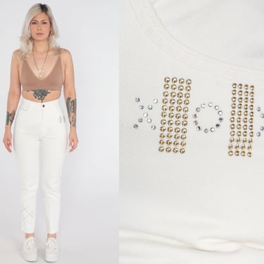 White Skinny Jeans Y2k XO Studded Rhinestone Jeans High Waisted Pants Tight Slim Tapered Leg Vintage 00s Small xs 