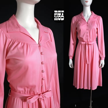 Lovely Vintage 70s Pastel Pink Draped Elastic Waist Long Sleeve Dress 