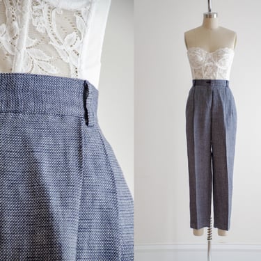linen trousers | 80s 90s vintage Liz Claiborne navy blue white linen dark academia pleated straight leg ankle trousers 