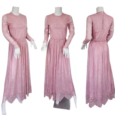 1970's Lavender Pink Lace See Through Long Maxi Dress I Sz Sm 