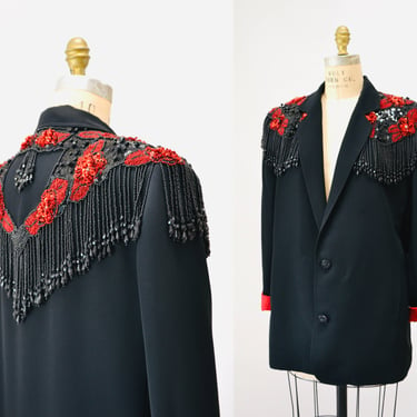80s 90s Vintage Black Red Fringe Sequin Jacket Metallic Fringe Blazer Jacket Medium// 80s Black Fringe Red beaded Jacket Criscione Cowgirl 