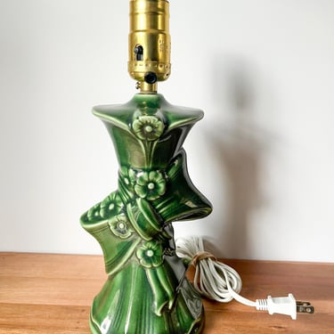 Green Ceramic Table Lamp Base. Vintage Majolica Style Lamp. Small Vintage Lamp. 