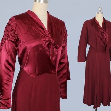 1930s Dress / 30s Crepe Backed Liquid Satin Dress and Jacket Set / Crazy Sleeves / Starburst Deco Seamwork 