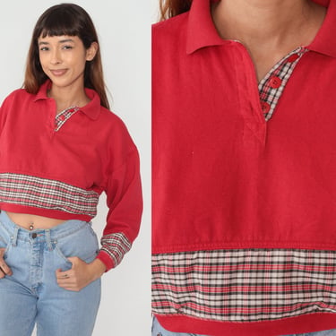 Red Plaid Crop Top 90s Cropped Sweater Top Polo Sweatshirt Long Sleeve Collared Half Button up Shirt Checkered Print Vintage 1990s Medium M 