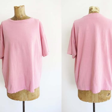 Vintage 90s Faded Pink Baggy T Shirt M L - 1990s Grunge Cotton Solid Color Boxy Shirt 