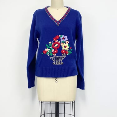 Vintage Cottagecore Sweater with Basket of Flower Embroidery | Royal Blue V Neck | Size Medium 