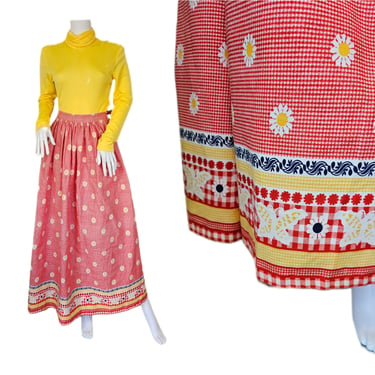 1970's Red White Gingham Check Print Long Cotton Maxi Skirt I Sz Lrg I W: 32" I Daisy Print 