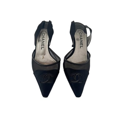 Chanel Black Mesh Logo Slingback Heels
