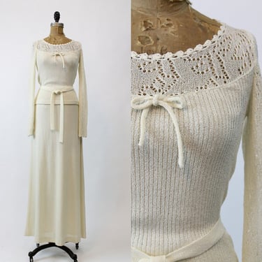 1970s knit sweater and skirt | crochet maxi dress | xs 