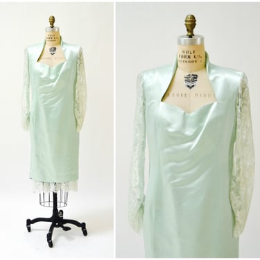 Vintage 80s Prom Dress Size Large XL Mint Green// Vintage 80s Bridesmaid Green Party Dress Size Large XL Lace 80s Dress 