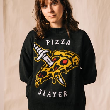 Womens Pizza Slayer Fun Casual Knit Graphic Cozy Sweater, Pizza Slice Shirt, Quirky Gifts, Knit Pullover Sweaters for Women, Tattoo Shirt 
